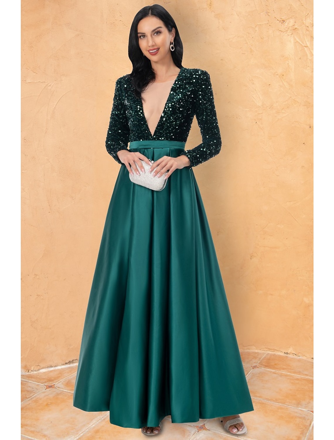 Ballkleid Cocktailkleider Sparkle & Shine Kleid Hochzeit Party Bodenlang Langarm V-Ausschnitt Pailletten mit Pailletten